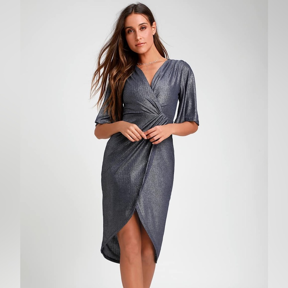 Lulus You're the Stun Navy Blue Metallic Midi Dress